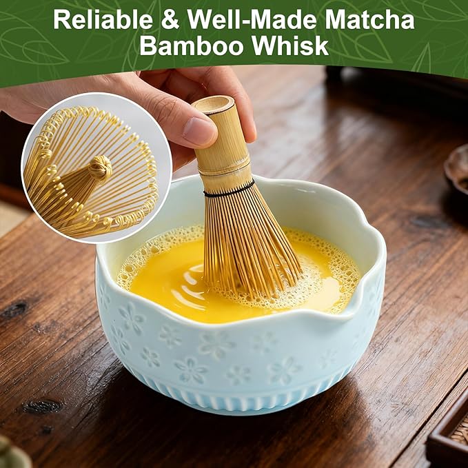 Matcha Set, 9 Pcs Ceramic Matcha Set Includes Bowl, Whisk and Holder, Bamboo Scoop, Scoop Rest, Sifter and Tea Towel ect- Complete Kit for Traditional Matcha, Modern Lattes (Blue)