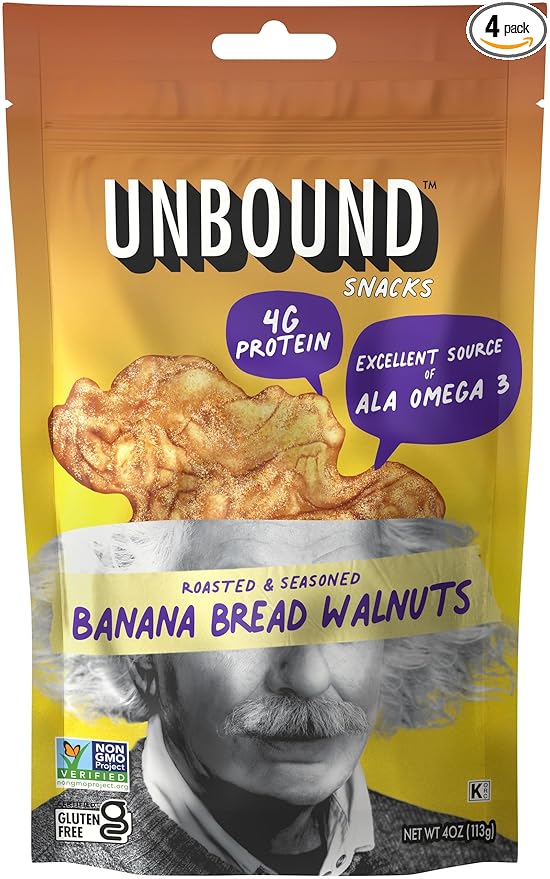 Unbound Snacks Flavored Nuts - Banana Bread Walnuts, 4 oz (Pack of 4) - Healthy Snacks, 4g Protein, 3g Sugar, High in Omega 3, Gluten Free, Vegan - Freshly Roasted & Seasoned Gourmet Walnut Halves