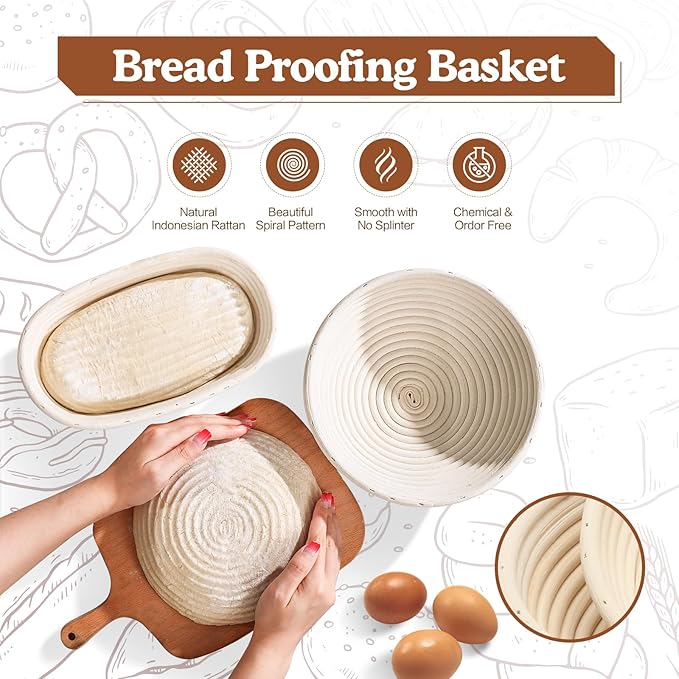 Sourdough Starter Kit, 9'' Round Banneton Proofing Basket, 36oz Sourdough Starter Jar, Bread Lame, Dough Scraper, Dough Whisk & Silicone Bread Sling