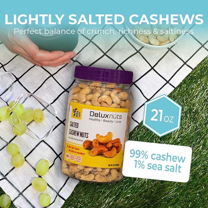 DELUXNUTS Premium Roasted Lightly Salted Cashew 21oz – Whole Cashew Nuts, Healthy Gourmet Snack for Adults, High Protein, Gluten-Free