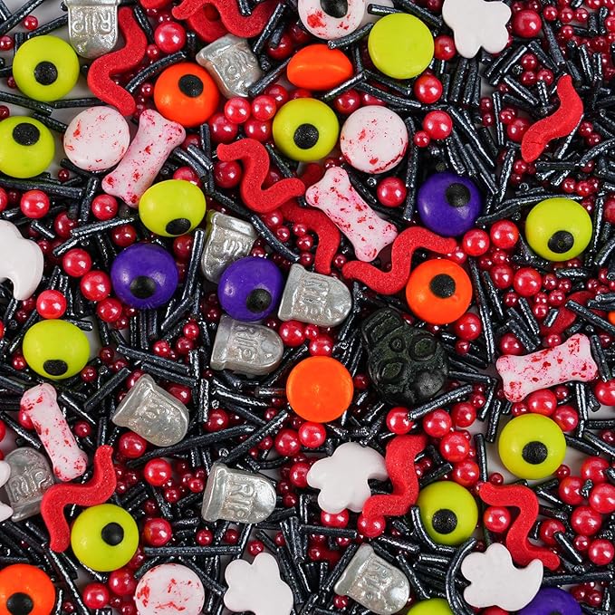 Halloween Sprinkles Mix - 6.35 oz 6 Variety Packs | Candy Eyeballs, Skull, Ghost, Tombstone, Black Orange Purple Green Nonpareils, Jimmies, Confetti & Sanding Sugar for Cake Decorating Cookies Cupcake Spooky Party