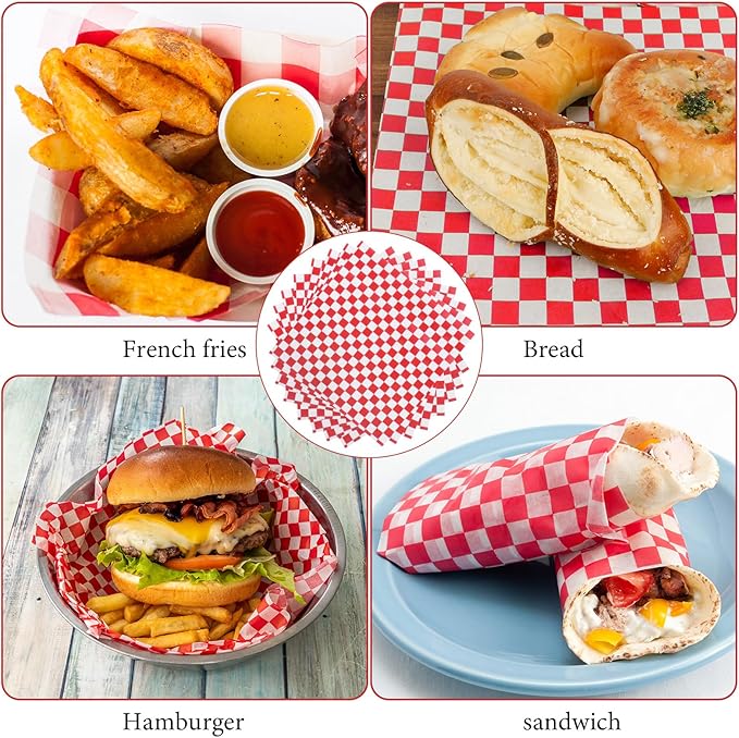 200 Pcs Wax Paper Sheets for Food Deli Wrap Paper Sheets 8.5x8.5"Food Basket Liners Checkered Square Sandwich Wraps for Burgers Bread Restaurant Barbecue Picnic(Red)