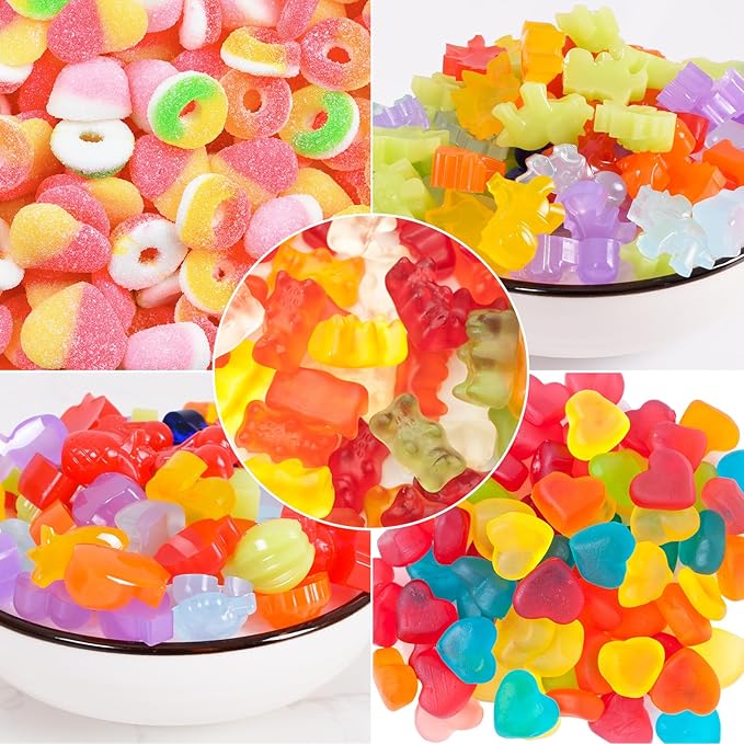 Silicone Gummy Bear Molds,5Pcs Non-stick Chocolate Candy Molds with 2 Droppers Including Mini Dinosaur, Bear Shape, Hearts, Fruit and Mini Donut