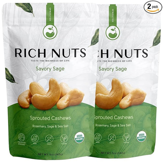 Rich Nuts Savory Sage Gourmet Sprouted Cashews | Vegan, Paleo, Keto | Made with Organic Rosemary, Sage, and Sea Salt | Non-Roasted from Dehydrated Germinated Raw, Whole Cashews | 5 Oz Bag (2 Pack)