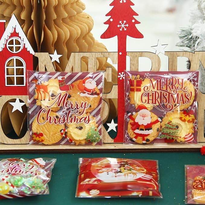 Christmas Cellophane Bags Biscuit Roasting Treat Bags Individual Wrappers Self Adhesive OPP Cookie Bakery Present Gift DIY Candy Decorating Favor Bags (4x4 Inch, 200Pcs)
