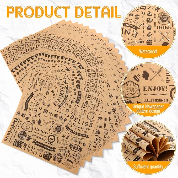 Marspark 400 Pcs Deli Wax Paper Sheets 12 x 12 Inches Square Grease Resistant Tray Basket Liners Hot Dog Wrappers Newsprint Water and Grease Proof Sandwich Wrapping Paper for Food Baking (Brown Black)