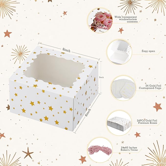 24 Pack 6X6X3 Christmas Cookie Boxes with Window,Gift Giving Gold Foil Star White Bakery Boxes for Mini Cake Pastry,Dessert Cupcakes,Candy Donut Packaging.