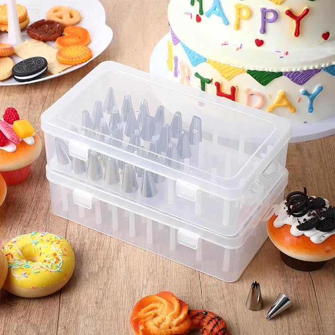 2pcs Piping Tip Box with Fixed Pins 84 Piping Tip Organizer Baking Cake Decoration Tool Storage Box (Clear)