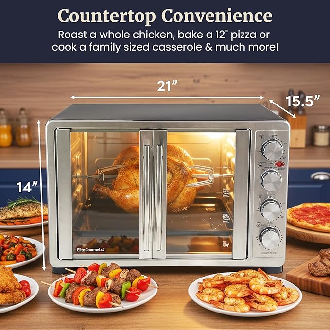 Elite Gourmet ETO4510B# French Door 47.5Qt, 18-Slice Convection Oven 4-Control Knobs, Bake Broil Toast Rotisserie Keep Warm, Includes 2 x 14" Pizza Racks, Stainless Steel