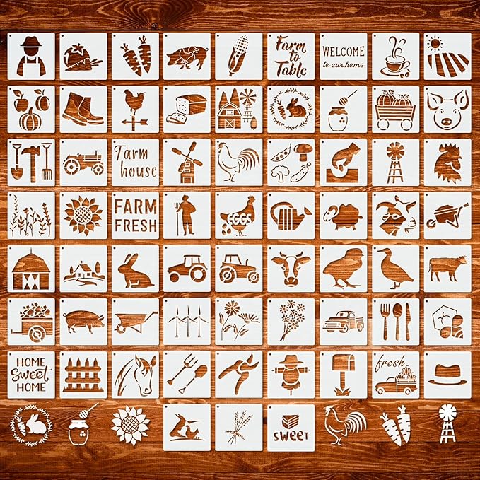 66 Pcs Small Stencils for Crafts Reusable 3 Inch Stencils for Painting on Wood DIY Craft Paint Template for Wall Home Decor Card Rock Canvas Drawing Holiday Ornament(Farm)