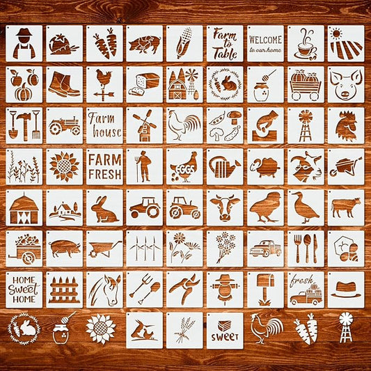 66 Pcs Small Stencils for Crafts Reusable 3 Inch Stencils for Painting on Wood DIY Craft Paint Template for Wall Home Decor Card Rock Canvas Drawing Holiday Ornament(Farm)