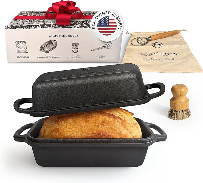 Cast Iron Bread Loaf Pan + Bread Bag + Dough Whisk + Brush | 2-in 1 Pre-Seasoned oven-safe bread pan for homemade bread | 5-Piece Set