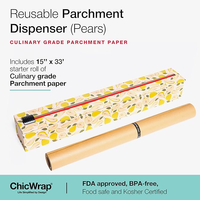ChicWrap Pears Parchment Paper Dispenser - Includes 15"x 33' (42 Sq. Ft) Roll Unbleached Baking, Cooking & Culinary Paper - Reusable Dispenser w/Slide Cutter - Kosher Certified