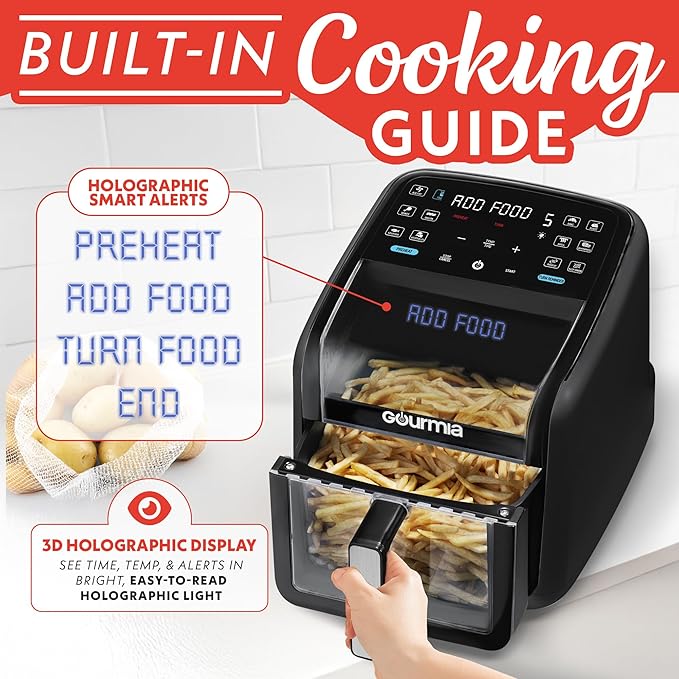 Gourmia Air Fryer 7 QT - Easy View Panoramic Window & Interior Light, Guided Cooking with 12 One-Touch Presets, FryForce 360, Dishwasher Safe Accessories, Black