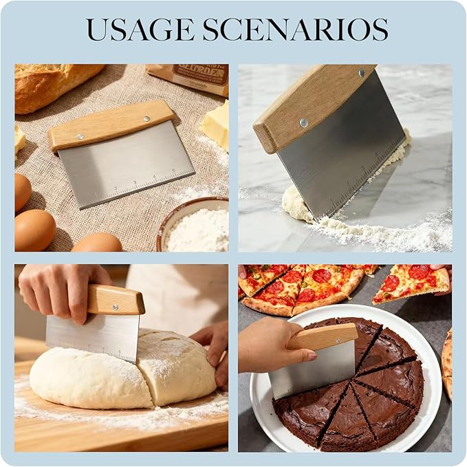 Bench Scraper with Scale, Stainless Steel Dough Cutter and Pizza Cutter, Multipurpose Kitchen Tool for Baking and Cooking, Professional Pastry Scraper for Bread Dough and Pizza
