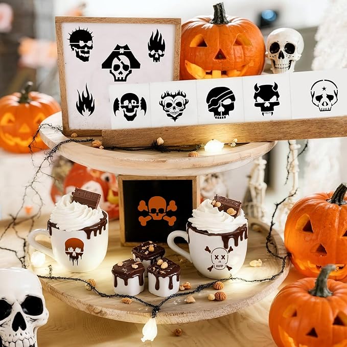 Augshy 56 Pack Skulll Stencils, 3 Inch Reusable Halloween Small Skulls Stencil for Painting on Wood Ornaments Slice DIY Crafts Fabrics Window Halloween Thanksgiving Autumn Decoration