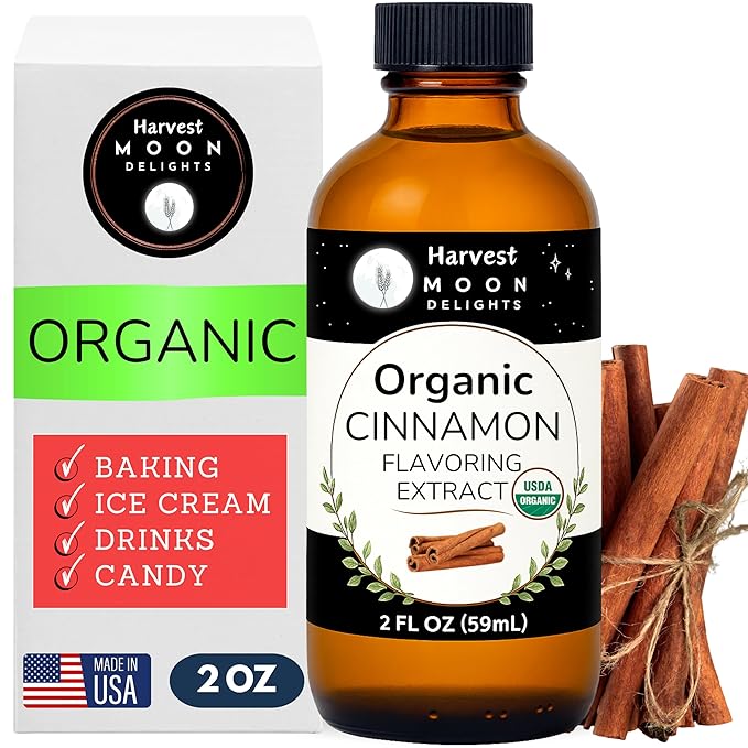 Organic Cinnamon Flavoring Extract for Baking, Ice Cream, Drinks, and Candy - 2 oz - Water-Soluble - By Harvest Moon Delights - Pure Cinnamon Extract, Flavoring, Flavor