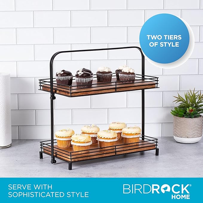 BIRDROCK HOME 2-Tier Wood & Iron Serving Tray w/Handle – Rustic Farmhouse Dessert Server – Party Display Stand - Cupcakes, Appetizers, Fruits & Pastries – Modern Kitchen Tiered Platter – Natural