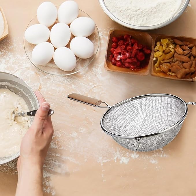 Strainer 8-Inch Diameter Medium Stainless Steel Fine Mesh Single Mesh Tan Handle Silver Sieve Kitchen Cooking Food Filter Handheld Multipurpose Strainer