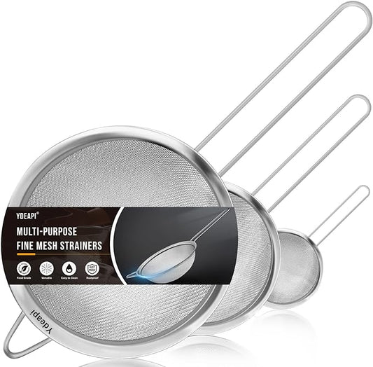 Fine Mesh Strainer, Stainless Steel Strainers with Sturdy Handle, Set of 3 Metal Sieve for Kitchen Food, Rice, Quinoa, Tea - 7", 4.6", 2.7"