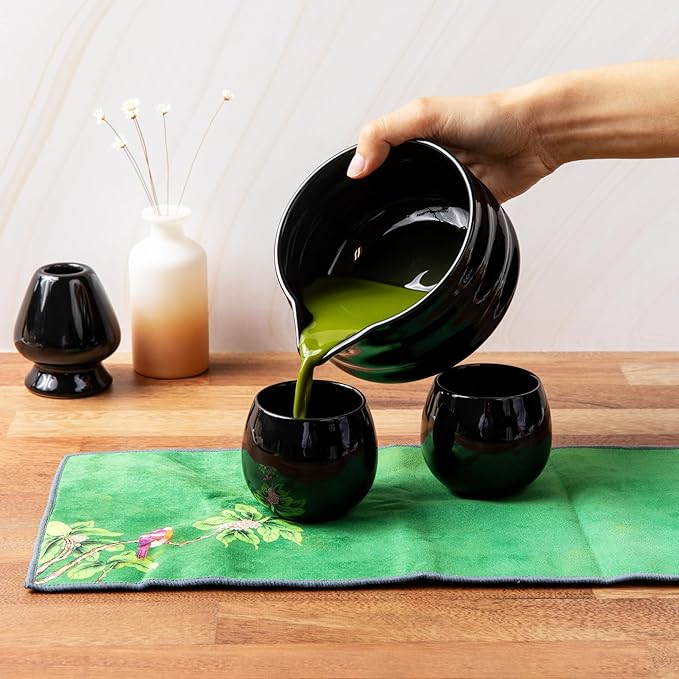 Matcha Whisk Set- Matcha Set includes Matcha Whisk and Bowl (Bowl with Spout), Sifter, Holder and Scoop- The Perfect Bamboo Whisk for Matcha Tea (Black- 7PC)