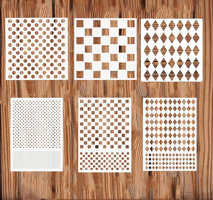 6PCS Checks Dots Stencils, Harlequin Checkerboard Stencils Assorted Sizes Square Diamond Shape Templates Reusable Diamond Checks Stencil for Painting on Wood Wall Decor