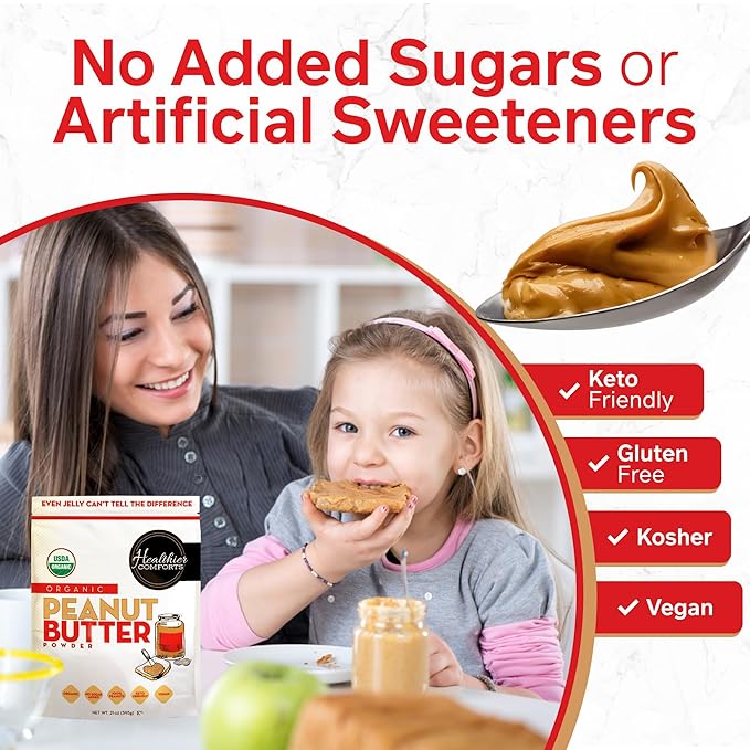 Healthier Comforts Organic Peanut Butter Powder | USA Grown and Processed | Gluten Free, Vegan, Kosher, Keto-Friendly | No Added Sugars, Low Sodium | Perfect For Protein Powder Shakes, Smoothies and Baking (7 oz)