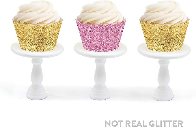 Andaz Press Party Cupcake Wrapper Decorations, Faux Pink And Gold Glitter, Not Real Glitter, 24-Pack, Theme Colored Bulk Cake Supplies, Not Real Glitter Gold Cupcake Wrappers Cupcake Sleeves