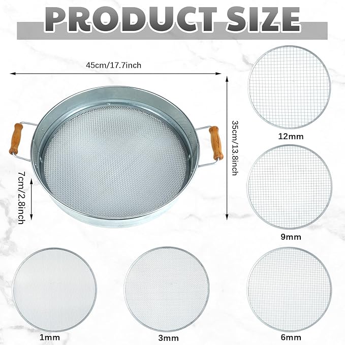 Soil Sifter for Gardening with 1, 3, 6, 9, 12 mm Sieve Mesh Compost Dirt Sifter with Handle Large Garden Sand Soil Rock Sieve 17.7" l x 13.8" W for Sand Rocks Pellet Gravel(Silver)