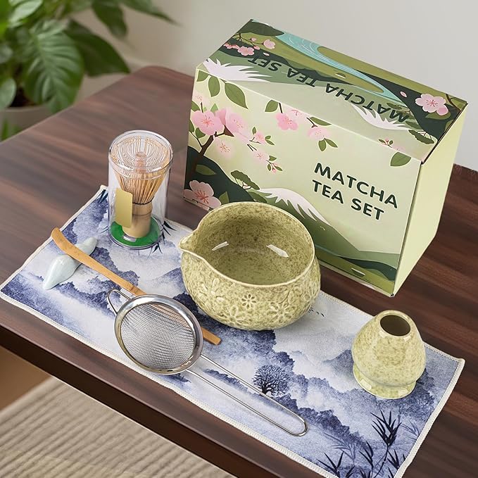 Matcha Whisk Set, 7 Pcs Matcha Kit Includes Matcha Bowl, Whisk and Holder, Bamboo Scoop, Scoop Rest, Sifter and Tea Towel, Gift for Matcha Lover (Mottled Green)