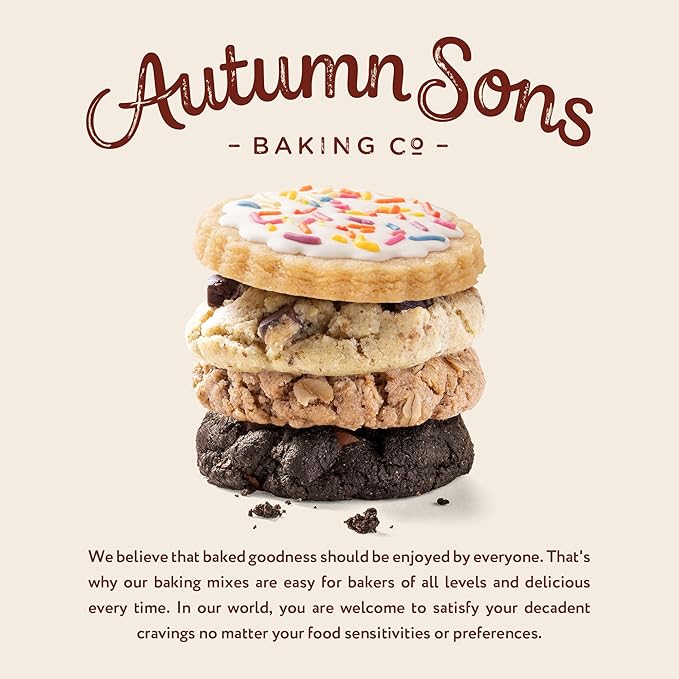 Autumn Sons Baking Co. Gluten Free Cookie Mix Variety Pack. Sugar Cookie, Chocolate Chunk, Double Chocolate Chunk & Oatmeal Cinnamon. Vegan Plant Based Baking Mix. Top 9 Allergen Free. 9.3 oz (Pack of 4)