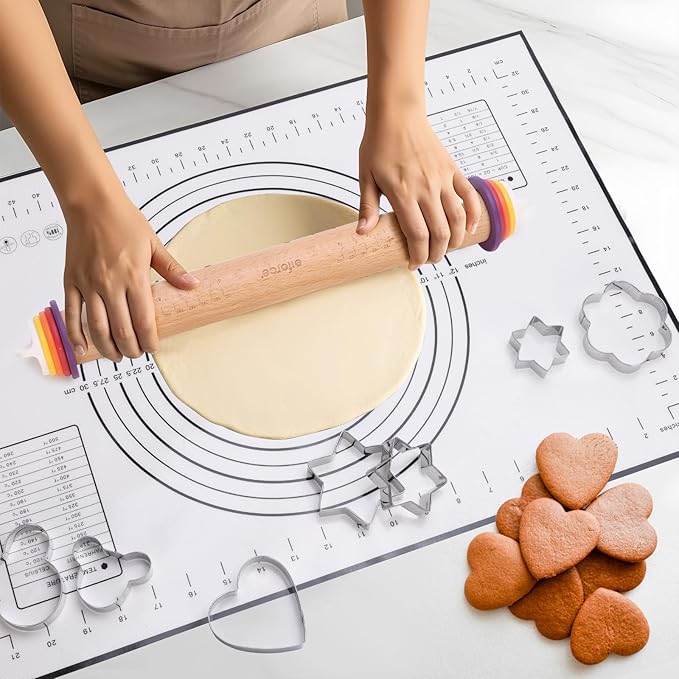Wooden Rolling Pin with Thickness Rings and Pastry Baking Mat, Pizza, Cookie, Bread, Pie Crusts,Roller Rod for Dough Thickness, 13.6" with 4 Multicolored Thickness Rings&Cookie Molds