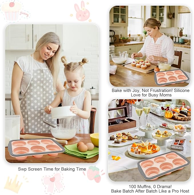 Silicone Muffin Pans for Baking with Metal Frame, 6 Cup Silicone Muffin Pan, Nonstick Cupcake Pan, BPA Free Muffin Tins Easy to Pop Cupcake Baking Pan Molds for Oven Dishwasher Safe Pink