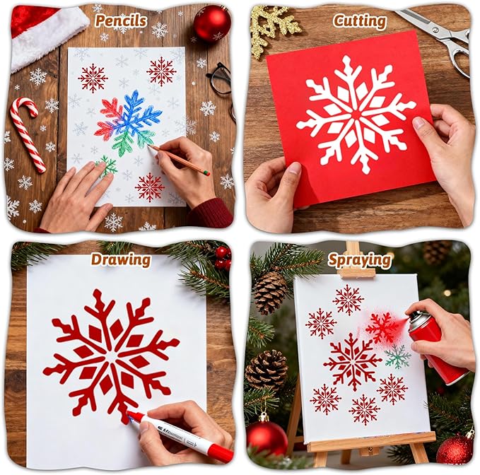 24 Pcs Christmas Stencils for Crafts Reusable, 3x3in Christmas Snowflake Stencils for Painting on Wood, Winter Holiday Templates for Greeting Cards, Crafts Ornaments Wall Window Door DIY Decoration