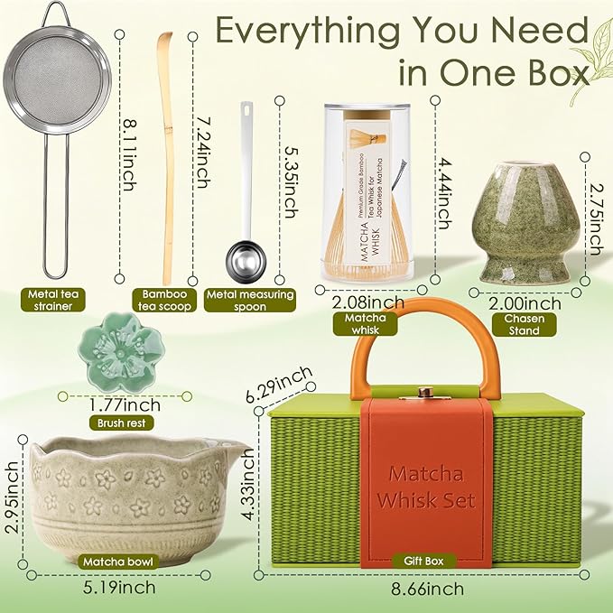 8Pcs Matcha Whisk Set, Matcha Set Includes Ceramic Matcha Bowl, Whisk and Holder, Bamboo Scoop, Scoop Rest, Sifter, Measuring Spoons and Tea Towel Tea Kit Gift Set for Women (Green)