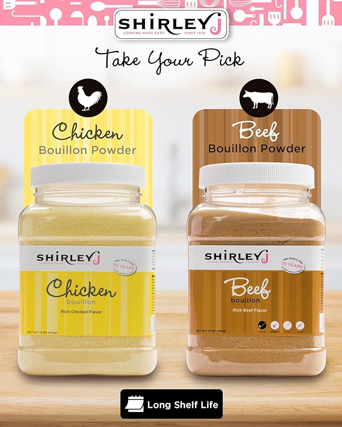 Shirley J Bouillon Powder - Rich, Concentrated, & Less Sodium Chicken Bouillon - Easy to Use Powder for Soup, Stew, Gravy, & More (1 LB, Chicken)