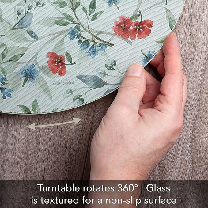 CounterArt Red White & Blue Floral 4mm Tempered Glass Lazy Susan Turntable 13" Diameter Condiment Caddy Cake Plate Pizza Server