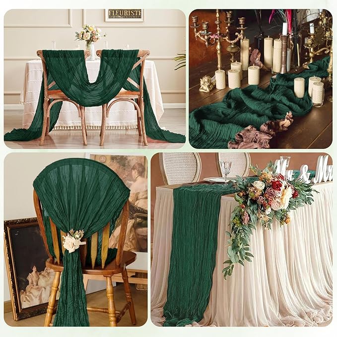 12 Pack Emerald Green Cheesecloth Table Runner 17x108 Inch Semi Sheer Boho Gauze Cheese Cloth Fabric Table Runners, for Wedding Party Baby Shower Birthday Home Decor Garden Farmhouse