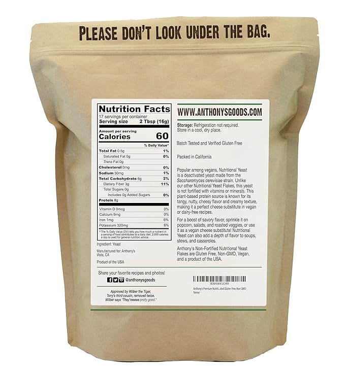 Anthony's Premium Nutritional Yeast Flakes, 10 oz, Non Fortified, Batch Tested Gluten Free, Non GMO (Pack of 2)