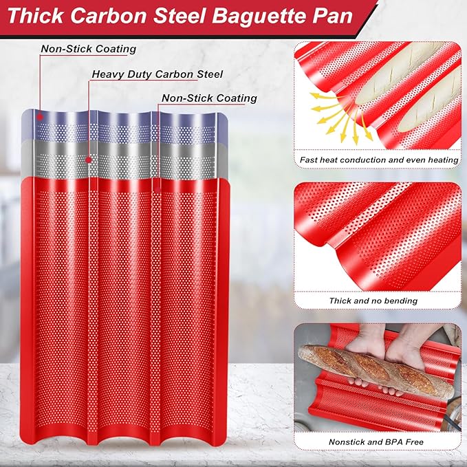 Baguette Bread Pan for Baking – Nonstick Perforated French Bread Pan, 3 Wave Thickened Carbon Steel Baguette Tray for Homemade French Baguettes, Garlic Bread, and Sandwich Rolls, Red