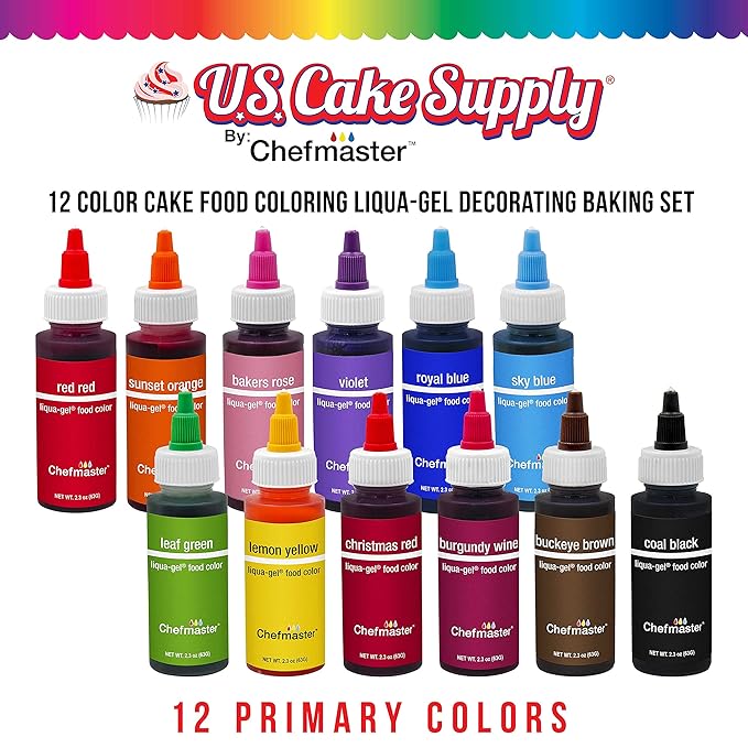 12 Food Color U.S. Cake Supply 2.3-Ounce Liqua-Gel Cake Food Coloring Variety Pack with Color Mixing Wheel - Made in the U.S.A.