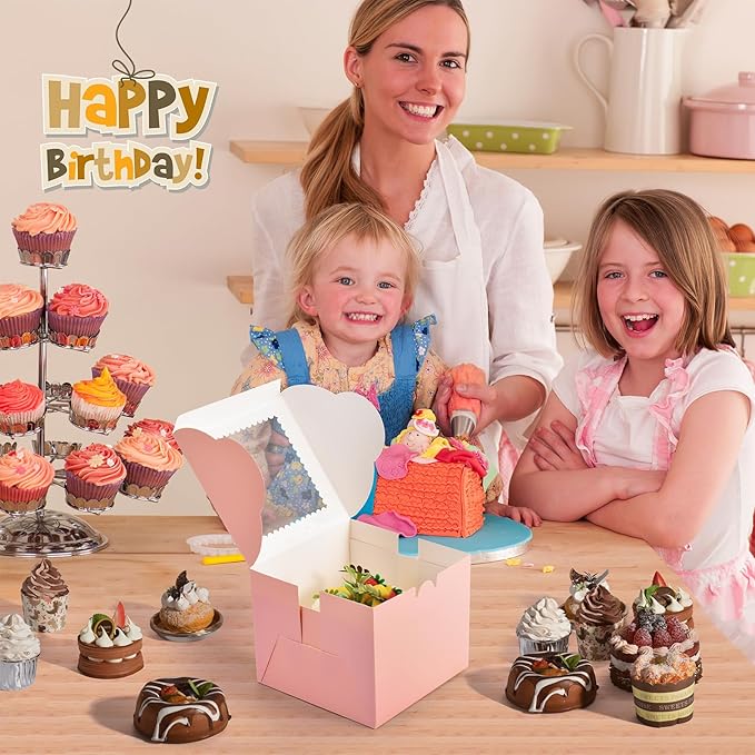 20Pcs Mini Cake Boxes with Window, 6x6x5 Inches Pink Bakery Boxes, Small 4 Cupcake Boxes, Cake Packaging for Pastries, Cookies, Chocolates, Cupcakes, Birthday Party, Wedding