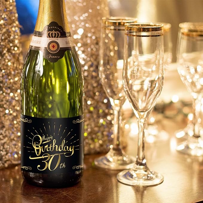 2-Pack Birthday Bottle Labels, Self-Adhesive “HappyBirthday” Stickers for Champagne & Wine Bottles, Fun Gift Idea for Men & Women, 5.8 x 4.1 in (30th Birthday)
