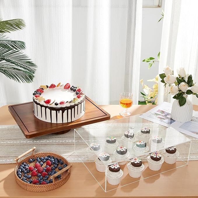 HouseJoy Acacia Wood Cake Stand with Lid-Extra Large 17" Rectangular Cake Holder，2-in-1 Dessert Table Display Set & Charcuterie Board，Acrylic Cake Dome Cover for Cheese/Veggie/Desert /Chips & Dip