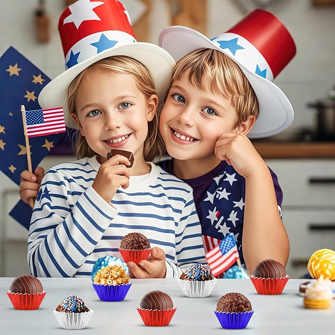 AUGSUN 400pcs 4th of July Mini Foil Cupcake Liners Cupcake Red Blue Silver Mini Muffin Cupcake Wrappers for Patriotic Independence Day Holiday Birthday Veterans Party Cake Candy Chocolate Decorations