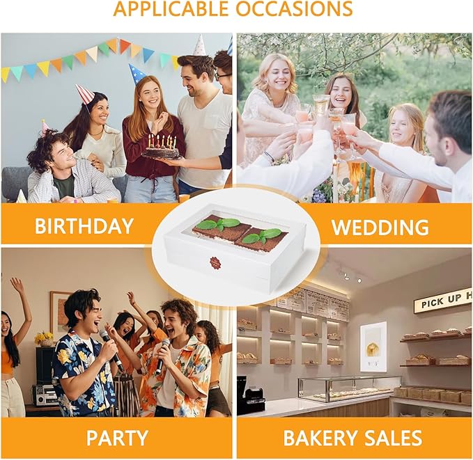 Aufind 6pcs Cake Boxes with Cake Board, 19x14x4.5 Inches White Bakery Boxes with Large Window for Quarter Sheet Cakes, Donuts, Cupcakes, Pastry & Pies