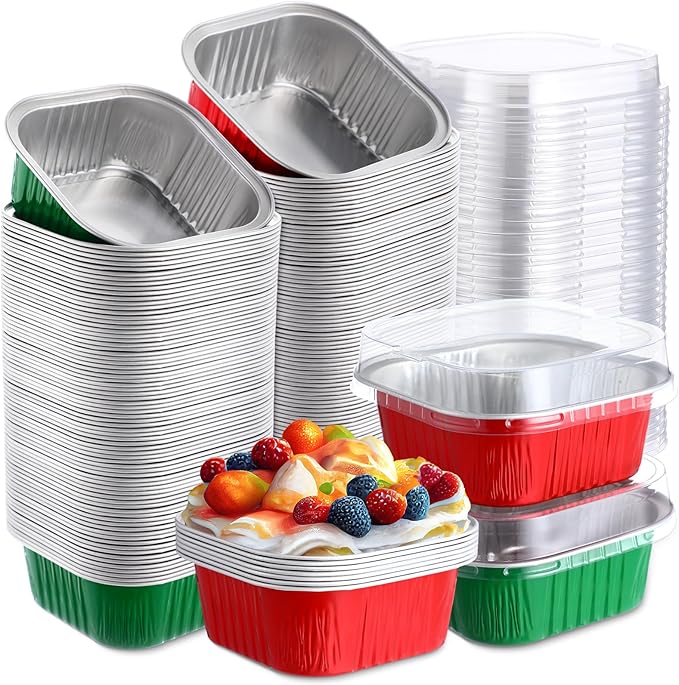 Aoriher 150 Pieces 10 oz Mini Cake Pans with Lids Aluminum Foil Baking Cups Square Disposable 4" x 4" Large Cupcake Cups Baking Tins for Kitchen Brownie Pudding Desserts Holders(Red,Christmas Green)