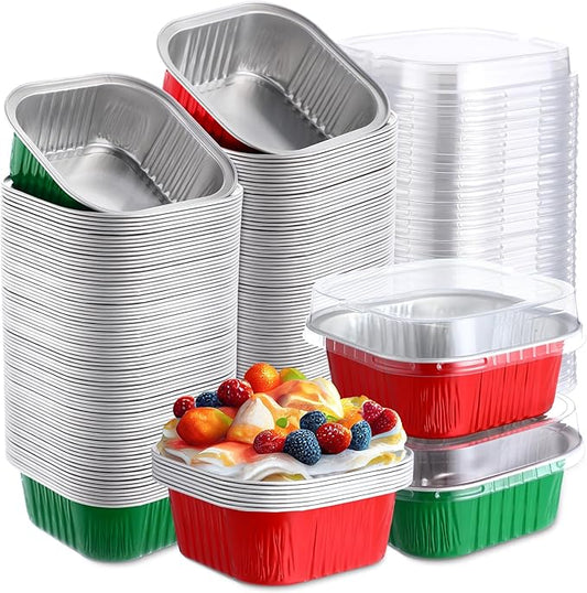 Aoriher 150 Pieces 10 oz Mini Cake Pans with Lids Aluminum Foil Baking Cups Square Disposable 4" x 4" Large Cupcake Cups Baking Tins for Kitchen Brownie Pudding Desserts Holders(Red,Christmas Green)