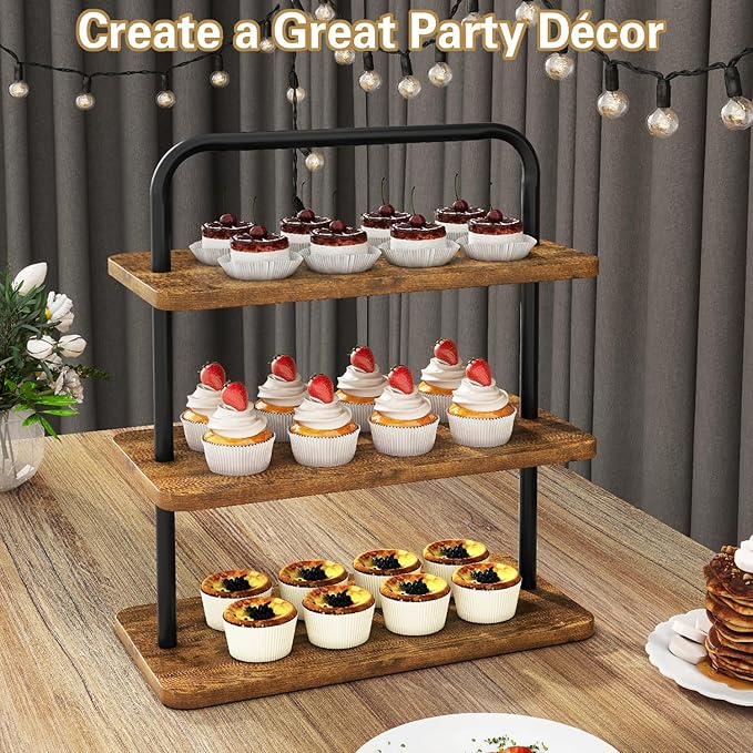 IBUYKE Wood Cupcake Stand,3 Tier Dessert Stand,Cupcake Stand for 50 Cupcakes,Cupcake Tower Dessert Display Stand for Party, Christmas, Wedding, Baby Shower, Serving Tray,Rustic Brown UTLJ013H