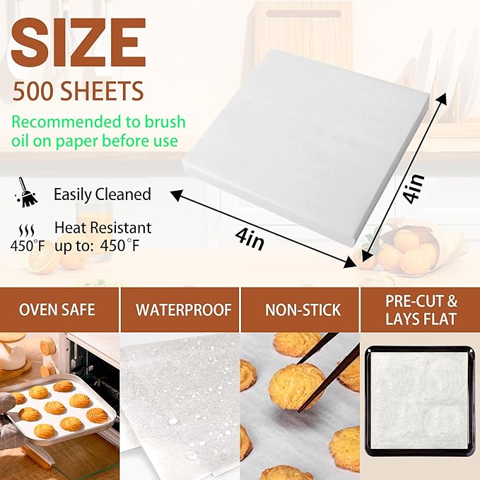 500 Pcs Parchment Paper Baking Sheets, 4"x4" Precut Non-Stick Baking Parchment Paper Sheets Bun Sheet Pan Liners.Baking Grilling Air Fryer Steaming Bread Cup Cake Cookie (White-4"x4")